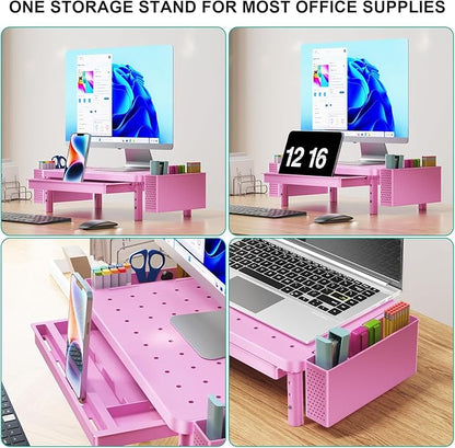WALI Computer Monitor Stand with Storage, Desk Organizer with Drawer and Pen Holder, Desk Monitor Riser 3 Height Adjustable, Laptop Riser for Computer, Laptop, Printer (PTT003-P), 1 Pack, Pink