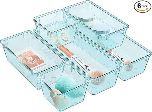WOWBOX 6 Pack Clear Drawer Organizer Set, Acrylic Drawer Storage Trays, Storage Bins for Makeup, Cosmetics, Jewelries, Utensils, Gadgets, Office, Sea Blue