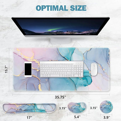 ToLuLu Extended Gaming Mouse Pad, Memory Foam Ergonomic Keyboard Mouse Wrist Rest Support Set, Large Desk Mat with Stitched Edges, Non-Slip Base Mousepad for Home Office Game, Blue Marble