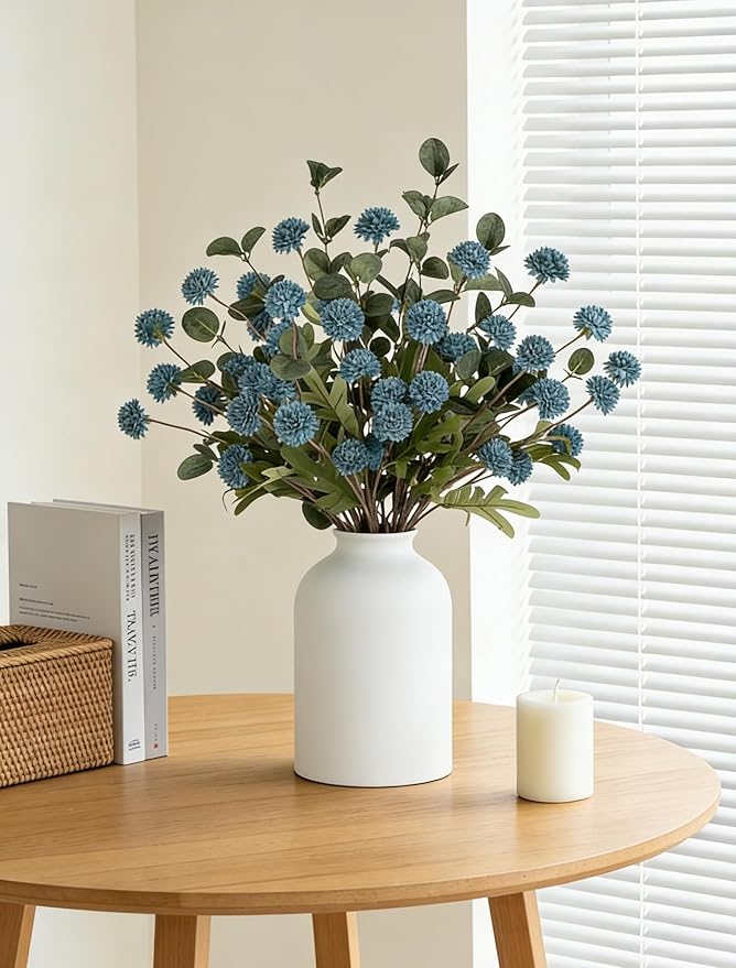 BLOSMON Blue Artificial Flowers for Decoration: Ceramic Vase with 12 Stems of Dusty Blue Flowers Fake Mums Kiku Eucalyptuses for Home Table Centerpieces - Faux Pom Poms Floral Arrangement Dining Room