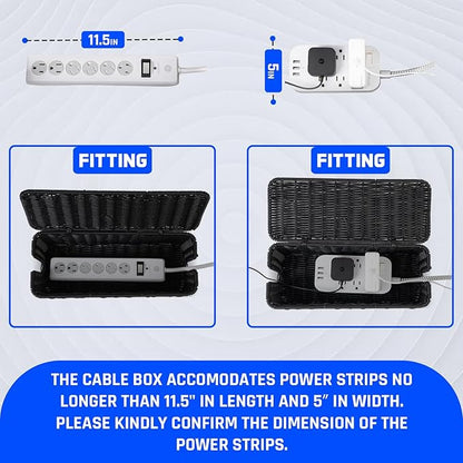 Cable Management Box, Handmade Rattan Cable Organizer with 2 Open Slots, Cord Hider for Power Strip, Router & USB Hub, Registered U.S. Design Patent (D1,112,102), 13" x 5.1" x 5.1", Black