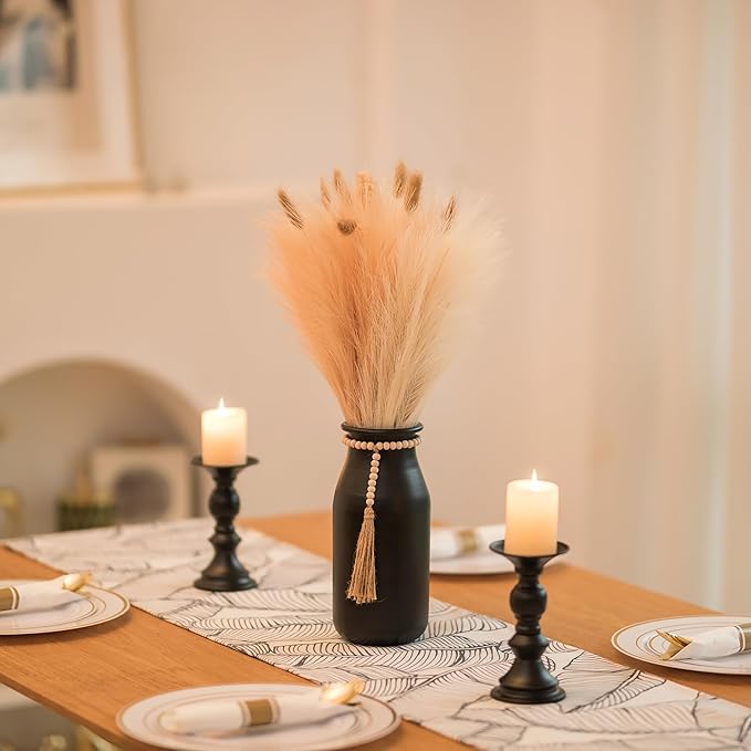 Sziqiqi Black Decorative Flower Vase - 9in Boho Vase with Bead Strings for Pampas Grass Vintage Metal Vases for Table Home Decor Matte Cylinder Vase for Artificial Flowers Rose Twigs
