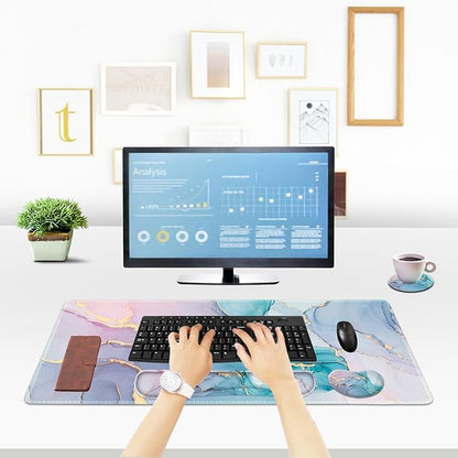 ToLuLu Extended Gaming Mouse Pad, Memory Foam Ergonomic Keyboard Mouse Wrist Rest Support Set, Large Desk Mat with Stitched Edges, Non-Slip Base Mousepad for Home Office Game, Blue Marble