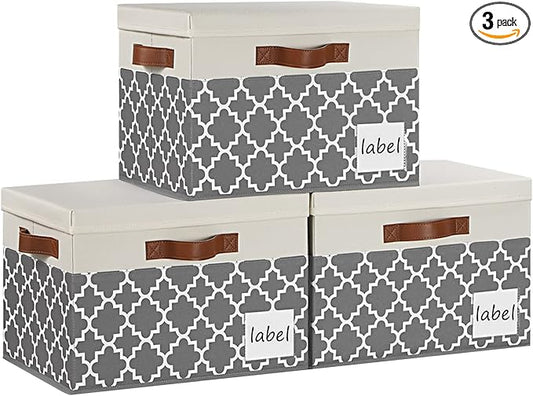Large Storage Bins with Lids, Foldable Fabric Storage Baskets with Lids, Sturdy Storage Boxes with Labels and 3 PU Handles for Closet Home Bedroom Office (26L, 3 Packs, Grey Plaid&White)