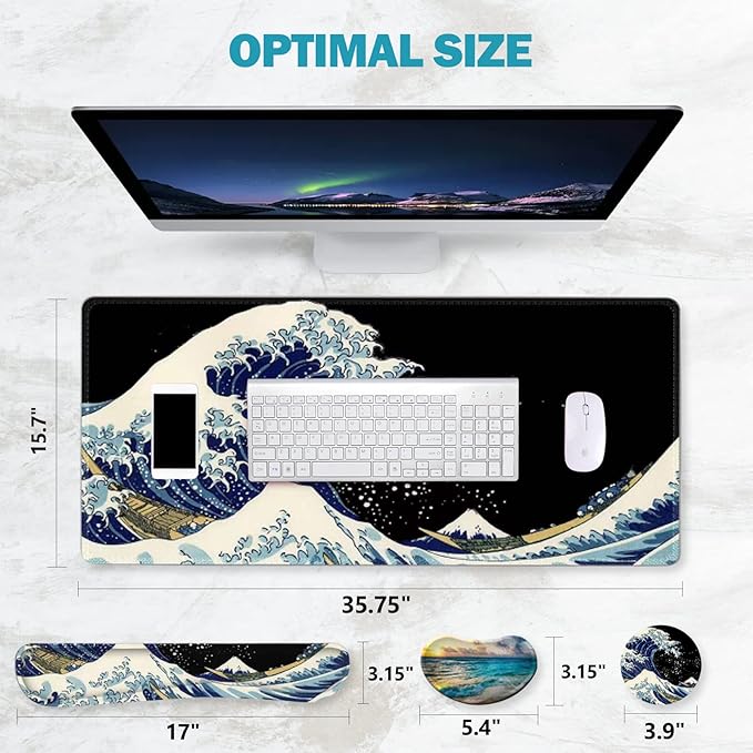 ToLuLu Extended Gaming Mouse Pad, Memory Foam Ergonomic Keyboard Mouse Wrist Rest Support Set, Large Desk Mat with Stitched Edges, Non-Slip Base Mousepad for Home Office Game Study, Wave of Kanagawa