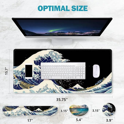ToLuLu Extended Gaming Mouse Pad, Memory Foam Ergonomic Keyboard Mouse Wrist Rest Support Set, Large Desk Mat with Stitched Edges, Non-Slip Base Mousepad for Home Office Game Study, Wave of Kanagawa