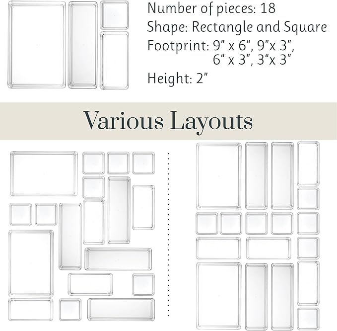 STORi SimpleSort 18-Piece Stackable Clear Drawer Organizer Set | Multi-size Trays | Makeup Vanity Storage Bins and Office Desk Drawer Dividers | Made in USA