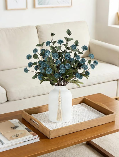 BLOSMON Blue Artificial Flowers for Decoration: Ceramic Vase with 12 Stems of Dusty Blue Flowers Fake Mums Kiku Eucalyptuses for Home Table Centerpieces - Faux Pom Poms Floral Arrangement Dining Room
