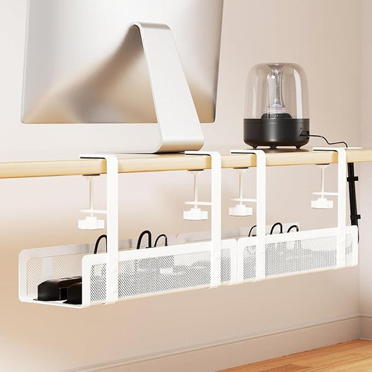 [Upgraded] 2 Pack Cable Management Under Desk Tray, Xpatee 27.6" No Drill Open Slots Cable Management Tray, Cord Wire Organizer Box with Clamp for Table Thickness up to 3" - No Desk Damage(White)