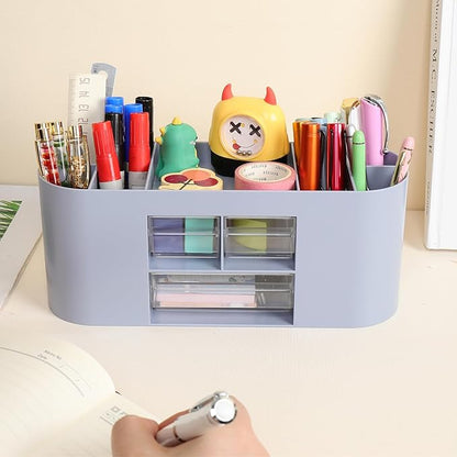 INSTOME Pencil Pen Holder for Desk with 3 Drawers - All-In-One Desk Organizer - Perfect Desk Accessories for Office Use - Stylish & Convenient Desk Organizers and Accessories (Blue)