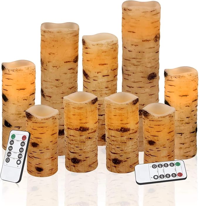 antizer Flameless Candles Birch Bark Effect Battery Operated Candles 4" 5" 6" 7" 8" 9" Set of 9 Real Wax Pillar LED Candles Each Candle 2.2" Diameter with 10-Key Remote Control 2/4/6/8 Hours Timer