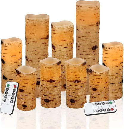 antizer Flameless Candles Birch Bark Effect Battery Operated Candles 4" 5" 6" 7" 8" 9" Set of 9 Real Wax Pillar LED Candles Each Candle 2.2" Diameter with 10-Key Remote Control 2/4/6/8 Hours Timer