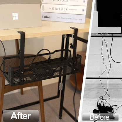 No Drill Under Desk Cable Management Tray with clamp-Premium Wire Tray Cord Organizer – Thin Steel Cable Tray Basket with Charger Holder for Desk–Black Cable Management Box–Easy to Install