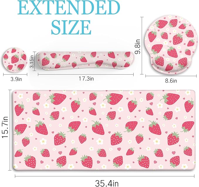 Strawberry Mouse Pad Desk Mat Set, Pink Ergonomic Mouse Pad with Wrist Rest, Large Gaming Mousepad Wrist Support Keyboard Mat Cup Coaster Set, Cute Office Desk Decor Accessories Supplies