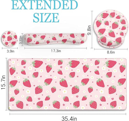 Strawberry Mouse Pad Desk Mat Set, Pink Ergonomic Mouse Pad with Wrist Rest, Large Gaming Mousepad Wrist Support Keyboard Mat Cup Coaster Set, Cute Office Desk Decor Accessories Supplies