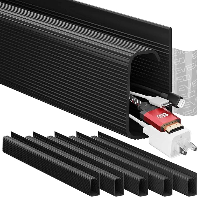 EVEO Cable Management Under Desk Kit (6 Units) - Under Desk Cable Management Cord Hider, Cable Hider Cord Management, Cable Organizer, Cable Raceway | Self-Adhesive 96'' J Channel 6X16 - Black