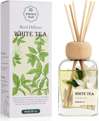 White Tea Essential Oil Reed Diffusers,Luxury Hotel Collection Diffuser Oil Inspired by Westin for Home&Office, Bedroom Living Room Shelf Decor,Bathroom Accessories,Non-Toxic & Gift Ready,3.34 FL OZ