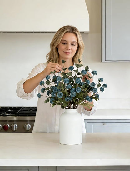 BLOSMON Blue Artificial Flowers for Decoration: Ceramic Vase with 12 Stems of Dusty Blue Flowers Fake Mums Kiku Eucalyptuses for Home Table Centerpieces - Faux Pom Poms Floral Arrangement Dining Room