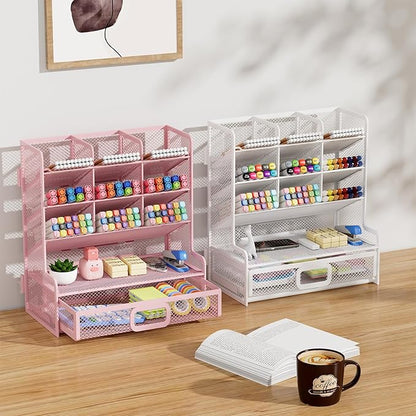 Marbrasse Larger Mesh Desk Organizer with Drawer, Multi-Functional Pen Pencil Holder, Easy Assembly, Desk Organizers and Accessories for Office Art Supplies (Pink)