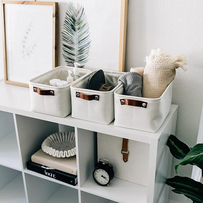 OrganiHaus Small Fabric Storage Baskets for Shelves 3 Pack, 12x08in Closet Storage Bins for Shelves, Canvas Baskets for Organizing, Linen Closet Organizers, Cloth Basket, Off-White