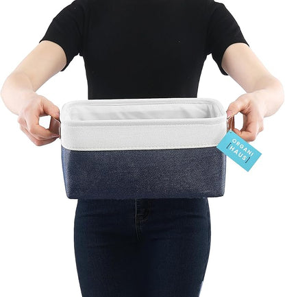 OrganiHaus Small Fabric Storage Baskets for Shelves 3 Pack, 12x08in Closet Storage Bins for Shelves, Canvas Baskets for Organizing, Linen Closet Organizers, Cloth Basket, Navy Blue/Off-White