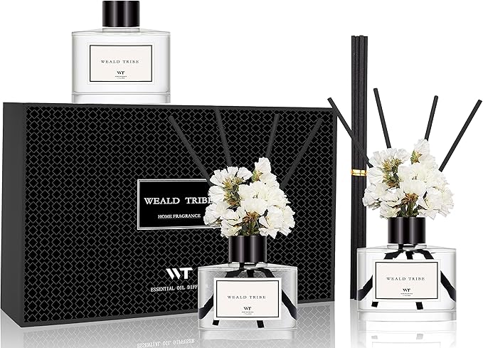 WEALD TRIBE Real Flower Reed Diffuser Set of 3 for Bathroom Shelf Decor, Sticks Diffuser with Essential Oils Included | Lavender & Eucalyptus,Jasmine & Lily,Sandalwood Rose Scent(1.7 fl oz/Pack)