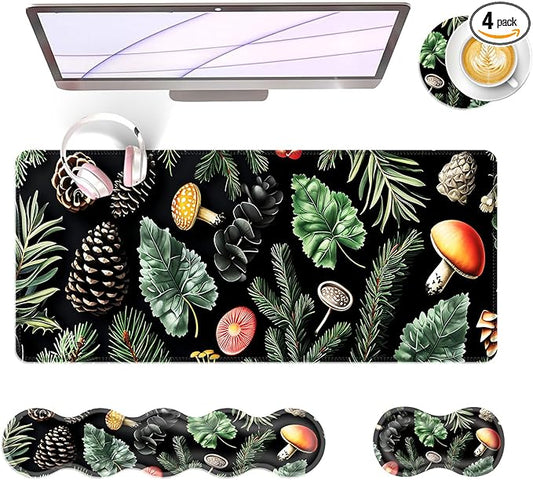 Large Keyboard Mouse Pad Set, Extended Mouse Pad+Keyboard Wrist Rest Support, Memory Foam Ergonomic Easy Typing, 4Pcs (31.5×11.8 in) Desk Pad Set for Office Home,Mushrooms and Leaves