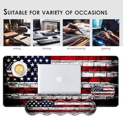 Large Keyboard Mouse Pad Set, Extended Mouse Pad+Keyboard Wrist Rest Support, Memory Foam Ergonomic Easy Typing, 4Pcs (31.5×11.8 in) Desk Pad Set for Office Home,American Flag on Brick Wall