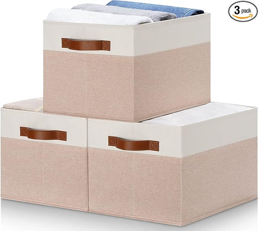 Large Fabric Storage Bins, Foldable Fabric Storage Baskets for Shelves, Sturdy Storage Boxes with PU Handles for Organizing Closet Home Bedroom Office (26L, 3 Packs, Pink&White)