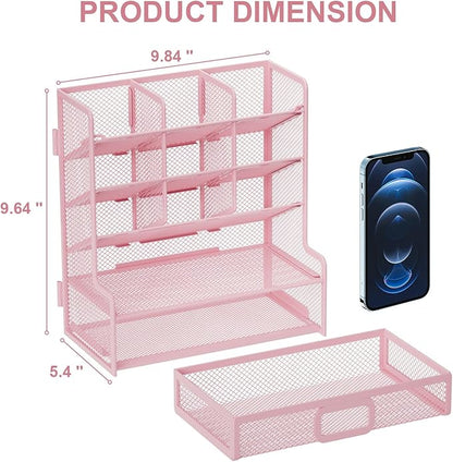 Marbrasse Larger Mesh Desk Organizer with Drawer, Multi-Functional Pen Pencil Holder, Easy Assembly, Desk Organizers and Accessories for Office Art Supplies (Pink)