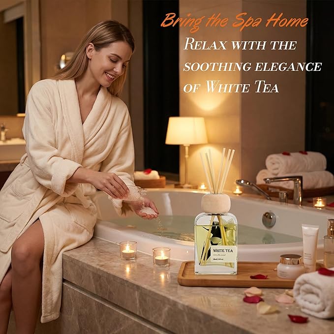 White Tea Essential Oil Reed Diffusers,Luxury Hotel Collection Diffuser Oil Inspired by Westin for Home&Office, Bedroom Living Room Shelf Decor,Bathroom Accessories,Non-Toxic & Gift Ready,3.34 FL OZ