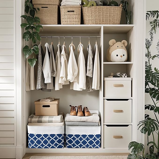 DECOMOMO Blue Storage Bins Fabric Storage Baskets for Shelves, Linen Closet Organization Toys Nursery (Blue Patterns, Large - 3 Pack)