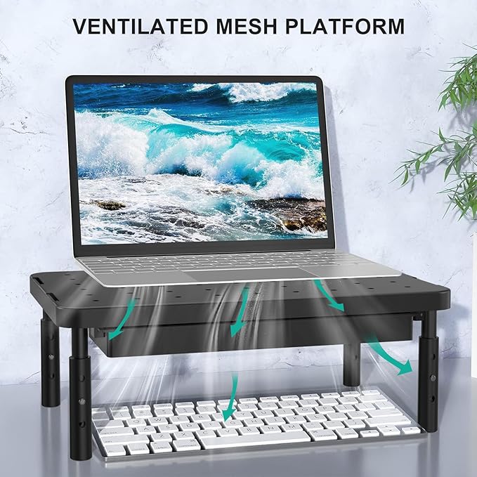 WALI Computer Monitor Stand with Storage, Desk Monitor Riser 3 Height Adjustable, Laptop Riser with Airflow Vents, Desk Organizer for Computer, Laptop, Printer (PTT002-B), 1 Pack, Black