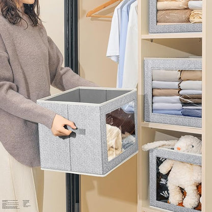 Fabric Storage Bins with Lids, Large Storage Cubes with Window, Fabric Storage Baskets Bins for shelves, Closet Storage Boxes for Clothes, Towel, Office, 4 Packs, Blended