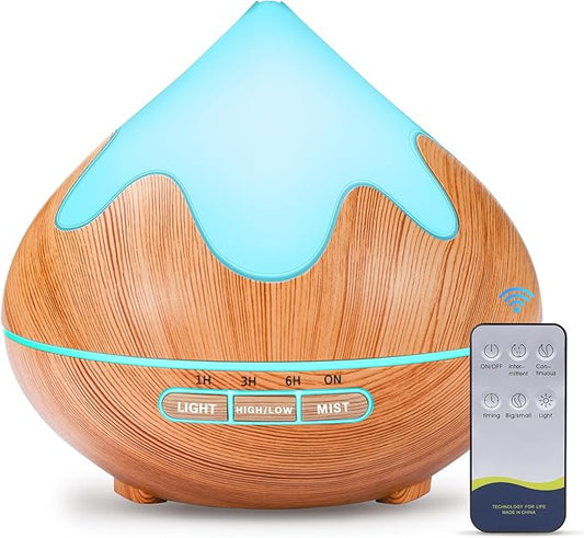 500ML Essential Oil Diffuser, Aromatherapy Diffuser with Remote Control, Multifunctional Air Diffusers for Home Office Room, Fragrance Aroma Diffuser with 7 Color LED & 2 Mist Mode, Light Brown