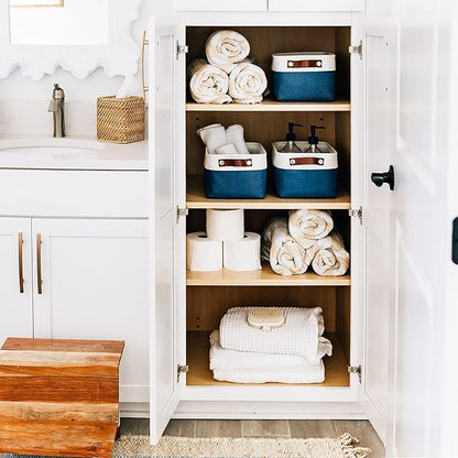 OrganiHaus Small Fabric Storage Baskets for Shelves 3 Pack, 12x08in Closet Storage Bins for Shelves, Canvas Baskets for Organizing, Linen Closet Organizers, Cloth Basket, Navy Blue/Off-White