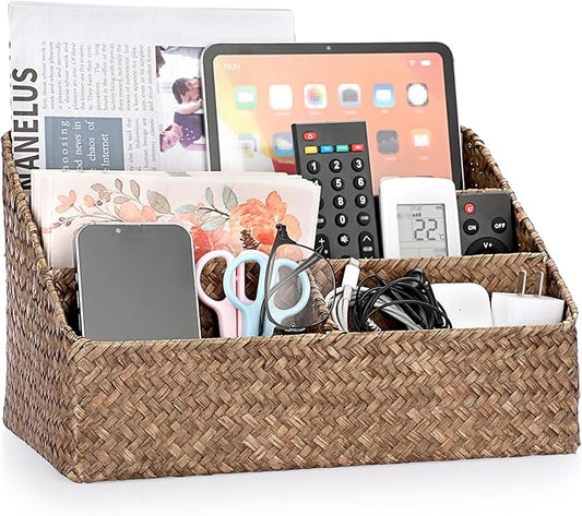 BTSKY Woven Storage Basket Natural Seagrass Vertical Wicker Storage Baskets with 4 Compartments Desk Organizers and Storage Magazine File Holder Home Office Supplies Sorter Rack, Coffee