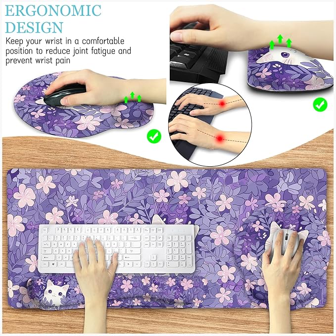 Purple Mouse Pad Large Desk Mat Set, Kawaii Cat Computer Mouse Pad with Wrist Rest Keyboard Wrist Support XXL Mousepad Cup Coaster Set, Cute Purple Office Desk Accessories Cat Decor Supplies