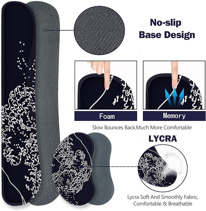 ToLuLu Extended Gaming Mouse Pad, Memory Foam Ergonomic Keyboard Mouse Wrist Rest Support Set, Large Desk Mat with Stitched Edges, Non-Slip Base Mousepad for Home Office Game, Black Wave of Kanagawa