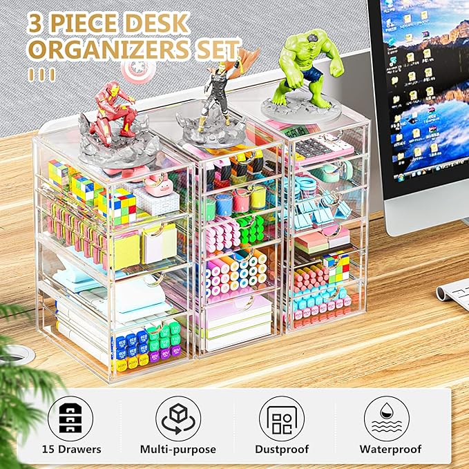 Acrylic 3 Pack Desk Organizers and Accessories, Makeup Organizer Storage With 15 Drawers, Desk Organizers, Dustproof Drawer Organizer and Storage for Make Up, Jewelry, DIY Pen