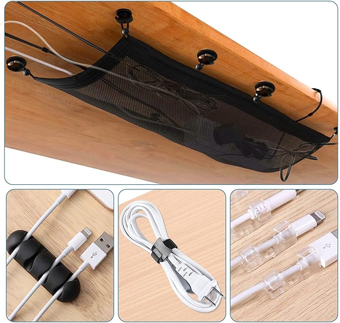 Under Desk Cable Management Net, 36PCS Under Table Cord Management Mesh Organizer Flexible Wire Hiders, Extra Large Capacity Wire Management Kit Under Desk, Fits Most Tables