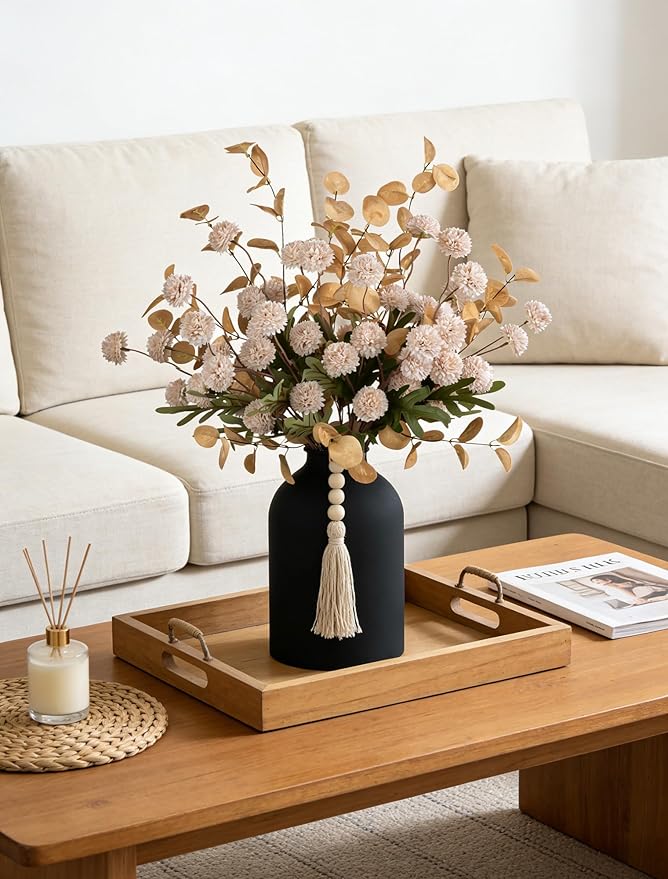 BLOSMON Dining Table Centerpiece Decor: Metal Vase with 12 Stems of Fake Mums Kiku Flower Eucalyptuses for Living Room - Beige Artificial Pom Poms Faux Floral Arrangements in Vase for Home