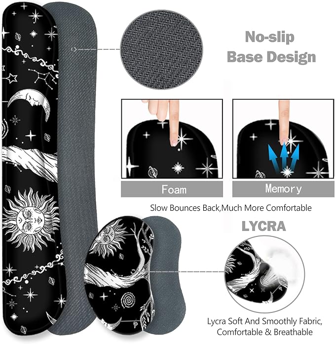 ToLuLu Extended Gaming Mouse Pad, Memory Foam Ergonomic Keyboard Mouse Wrist Rest Support Set, Large Desk Mat with Stitched Edges, Non-Slip Base Mousepad for Home Office Game and Study, Moon & Sun