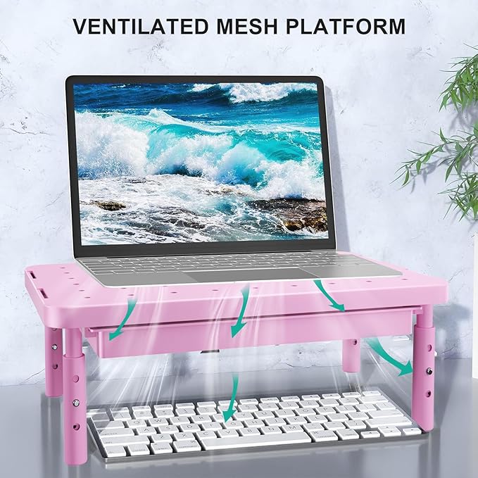 WALI Computer Monitor Stand with Storage, Desk Monitor Riser 3 Height Adjustable, Laptop Riser with Airflow Vents, Desk Organizer for Computer, Laptop, Printer (PTT002-P), 1 Pack, Pink