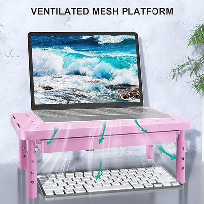 WALI Computer Monitor Stand with Storage, Desk Monitor Riser 3 Height Adjustable, Laptop Riser with Airflow Vents, Desk Organizer for Computer, Laptop, Printer (PTT002-P), 1 Pack, Pink