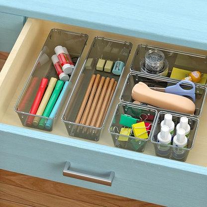 WOWBOX 6 Pack Clear Drawer Organizer Set, Acrylic Drawer Storage Trays, Storage Bins for Makeup, Cosmetics, Jewelries, Utensils, Gadgets, Office, Black