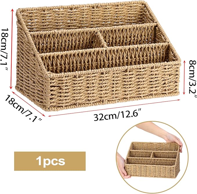BTSKY Woven Storage Basket Rattan Vertical Wicker Storage Baskets with 4 Compartments Desk Organizers and Storage Magazine File Holder Home Office Supplies Sorter Rack, Wicker Mail Organizer