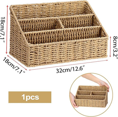 BTSKY Woven Storage Basket Rattan Vertical Wicker Storage Baskets with 4 Compartments Desk Organizers and Storage Magazine File Holder Home Office Supplies Sorter Rack, Wicker Mail Organizer