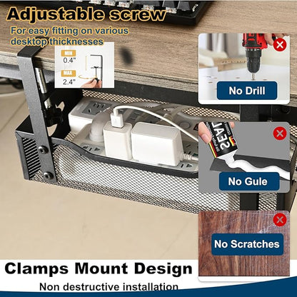 Large Under Desk Cable Management Tray - Heavy Duty Metal Cord Organizer with No Drill Installation for Office & Home Office Desks to Hide Wires & Power Strips (Black, XL)