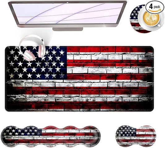 Large Keyboard Mouse Pad Set, Extended Mouse Pad+Keyboard Wrist Rest Support, Memory Foam Ergonomic Easy Typing, 4Pcs (31.5×11.8 in) Desk Pad Set for Office Home,American Flag on Brick Wall